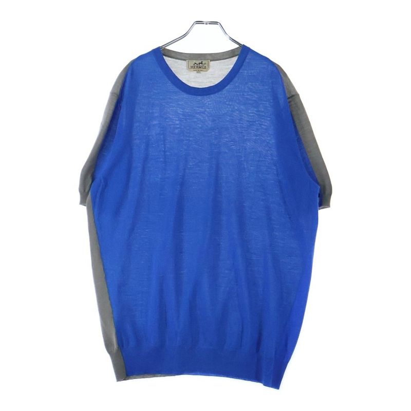 Hermes Two-tone Crew Neck Short Sleeves T-shirt Cut And Sewn Blue/gray 61-5712