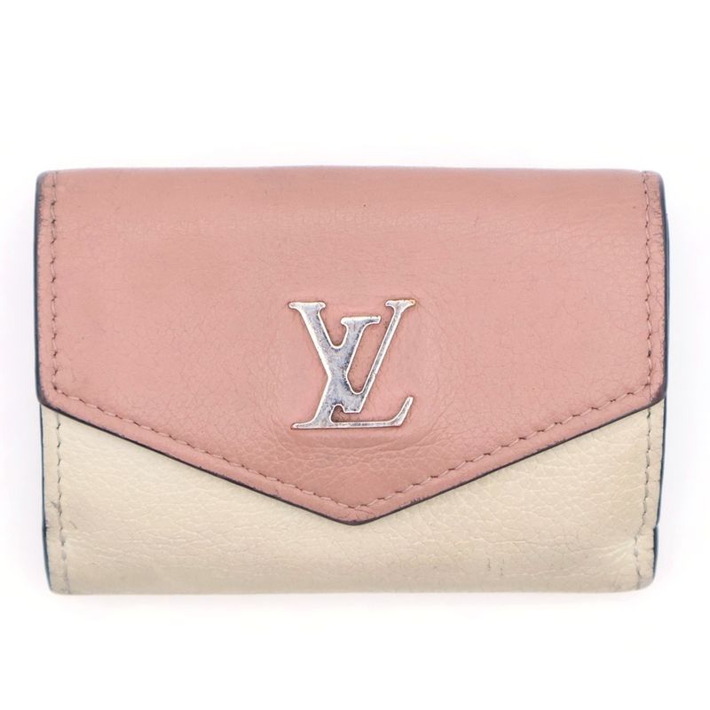 Louis Vuitton Portefeuille Lock Mini Compact Wallet Trifold Coin Case Beige And