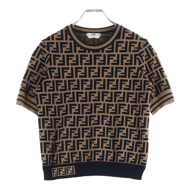 Fendi Zucca Pattern Short Sleeve Knitted Sweater Brown Fzy702 A5QG Women