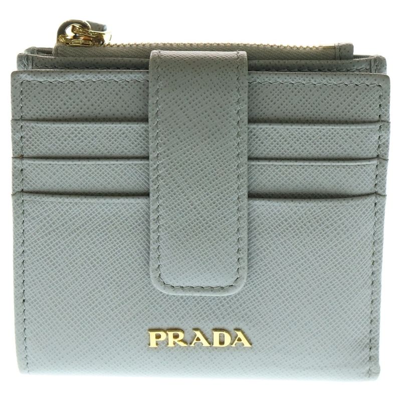 Prada Saffiano Leather Compact Wallet With Zipper Folded Gray 1ml047
