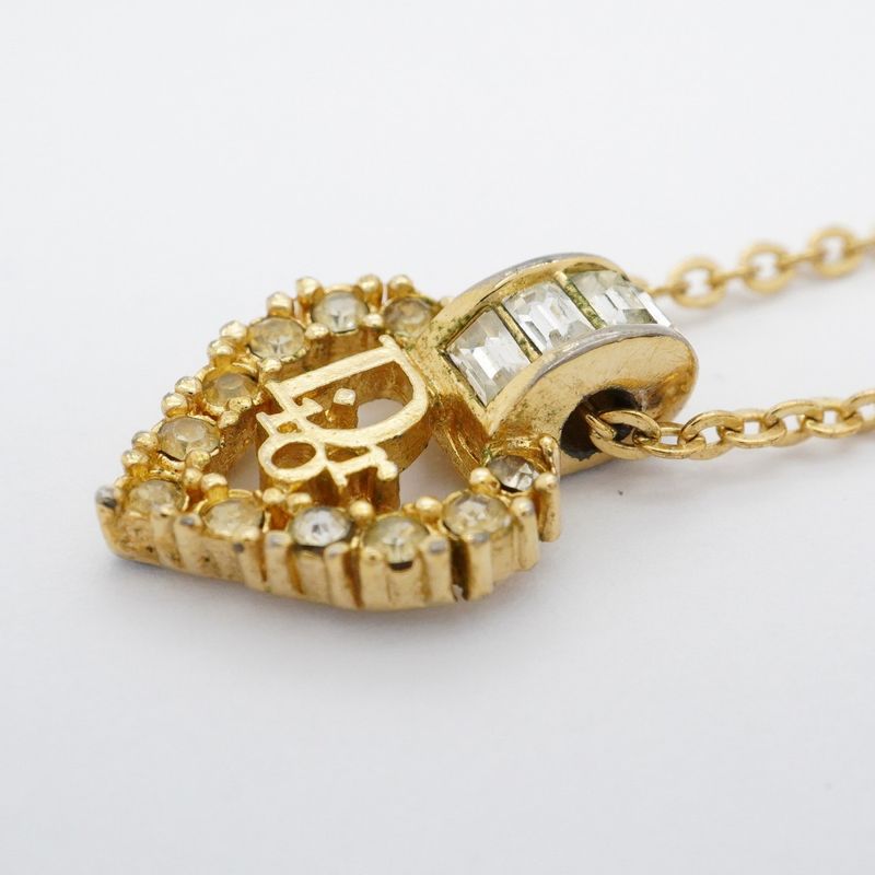 Christian Dior Necklace Dior Logo Heart Motif GP Plated Rhinestone Gold Ladies