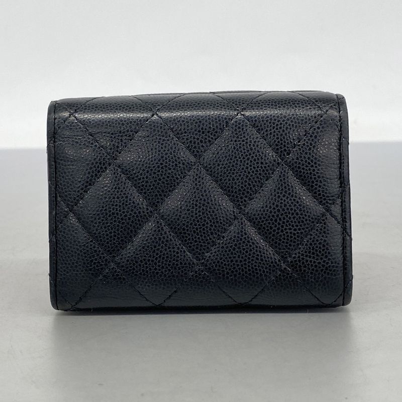 Chanel Trifold Wallet Matelasse Caviar Skin Black Gold Hardware Women