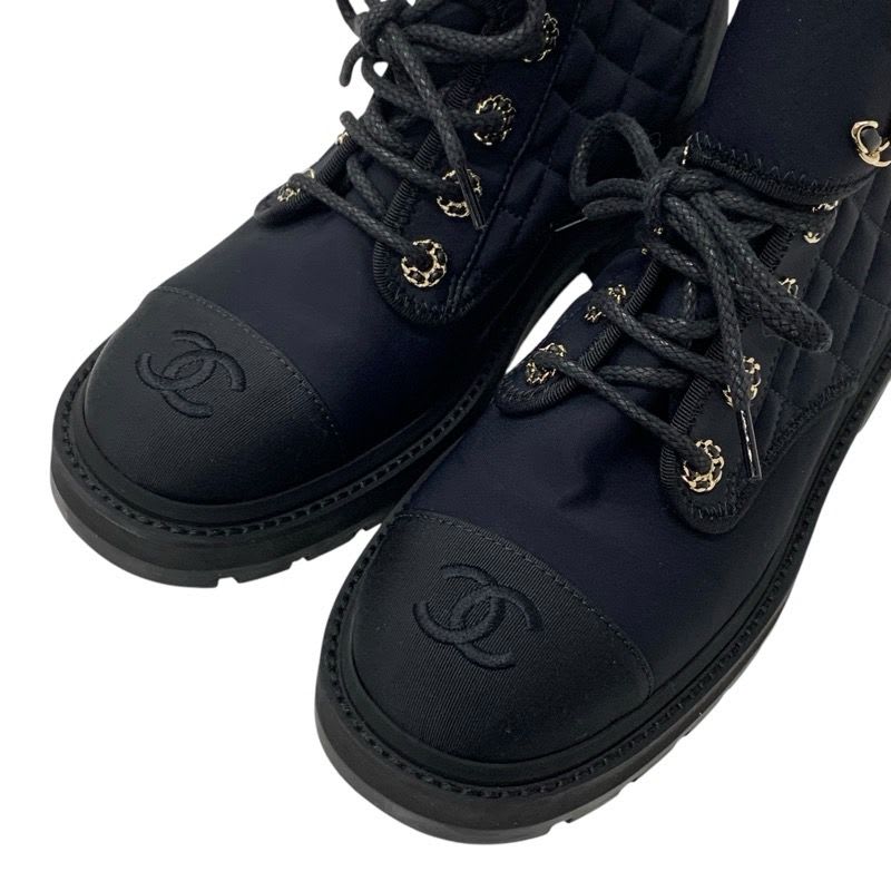 Chanel Boots Short Shoes Fabric Black Gold Quilted Coco Mark Lace Up