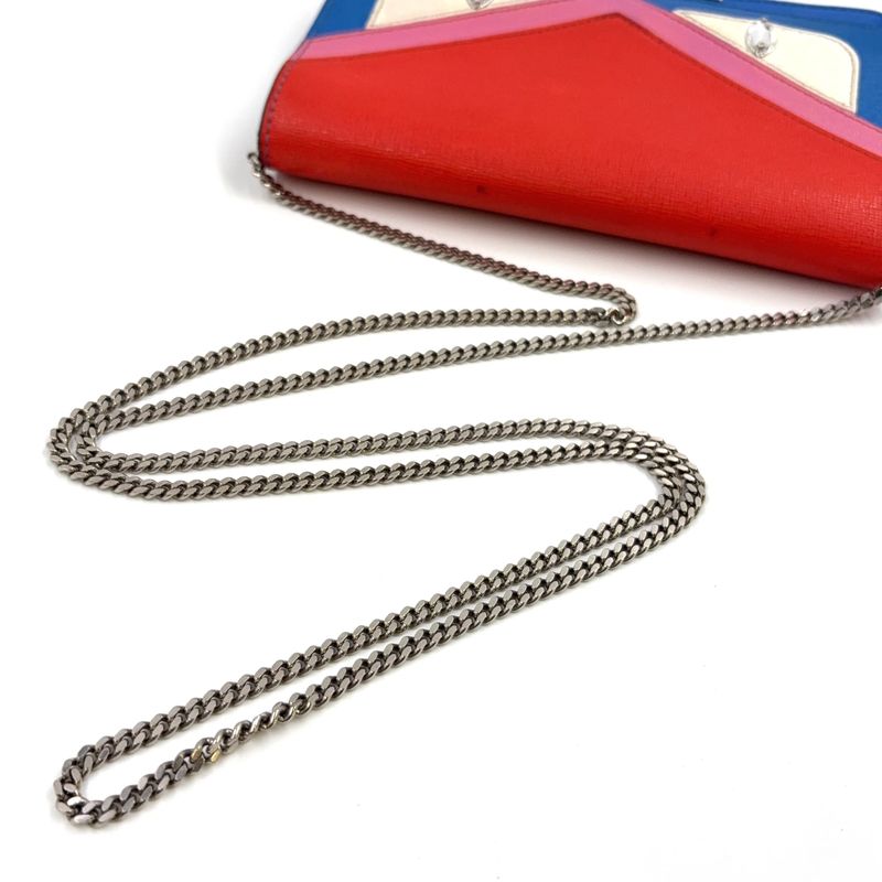 Fendi Bug's Eye Chain Wallet Leather Blue And Red Shoulder Bag Silver
