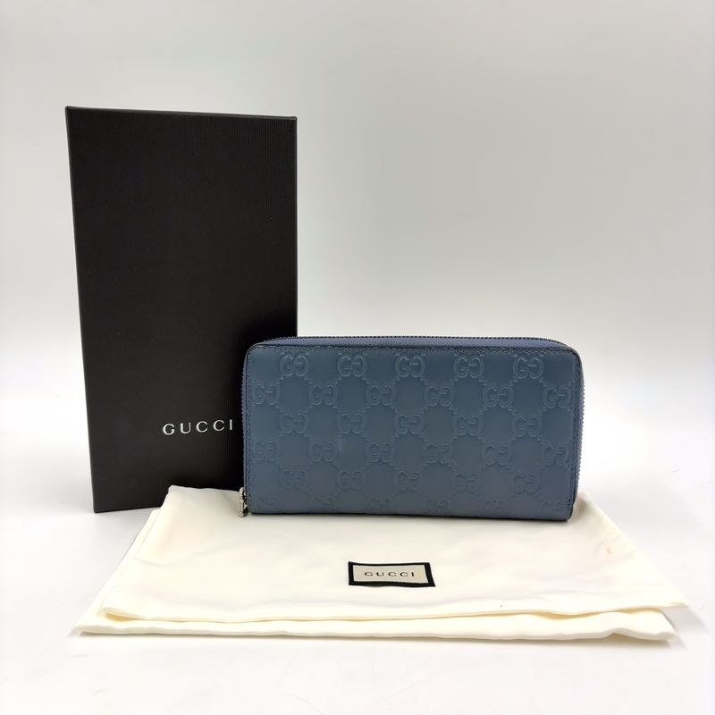 Gucci Shimmer Round Zipper Long Wallet Leather Blue Silver 410102