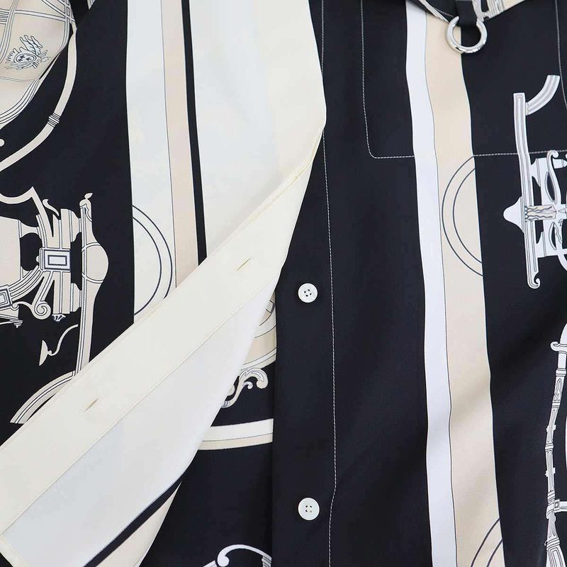 Hermes 23ss Twill Raine Exlibris Silk Wide Blouse 3e0607d7 Black and Ivory 38