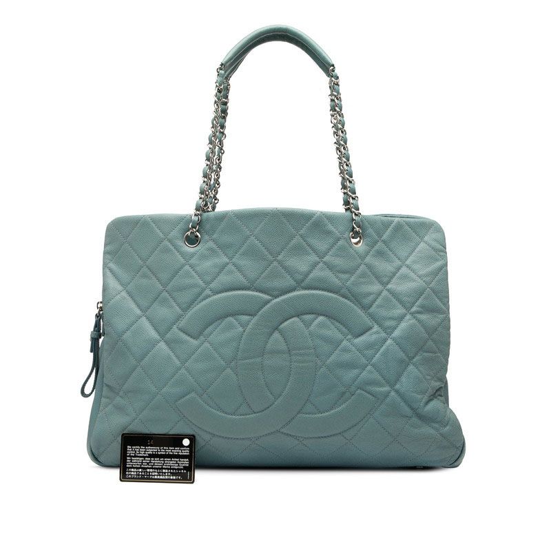 Chanel Coco Mark Chain Tote Bag Light Blue Caviar Skin Women's Chanel