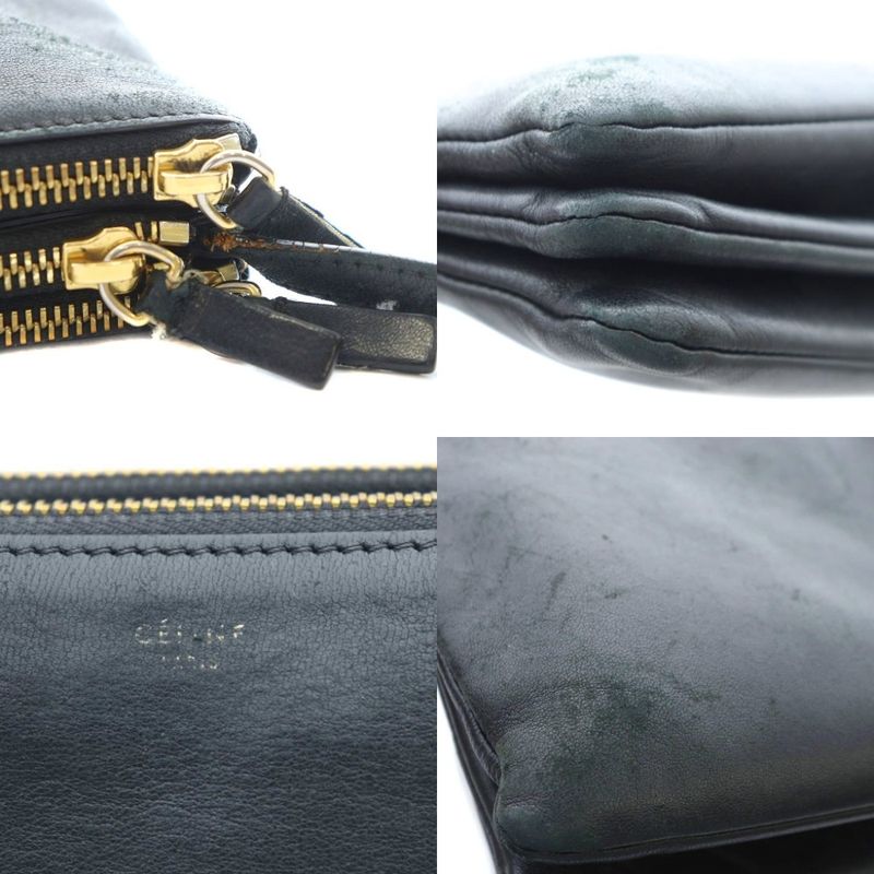 Celine Trio Large Shoulder Bag Pochette Leather Genuine Leather Black 171453 -