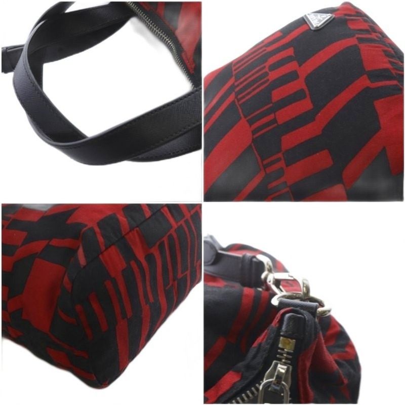 Prada Tote Shoulder Bag 2way Crossbody Triangle Logo Plate Red Black YO22 - OH