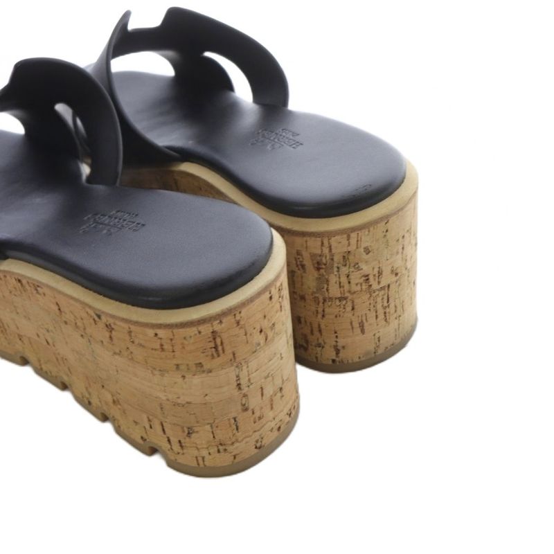 Hermes EZE H Cut Detail Sandals Platform Thick Leather 23.5cm (9.25in) Black