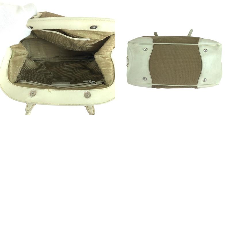 Prada Logo Jacquard Brown White Canvas Handbag Tote Shoulder Bag Women 506303