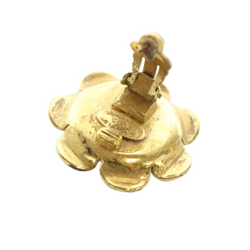 Chanel 25 EAR RING Accessories Clip On Binaural Faux Pearl Flower Gold Color