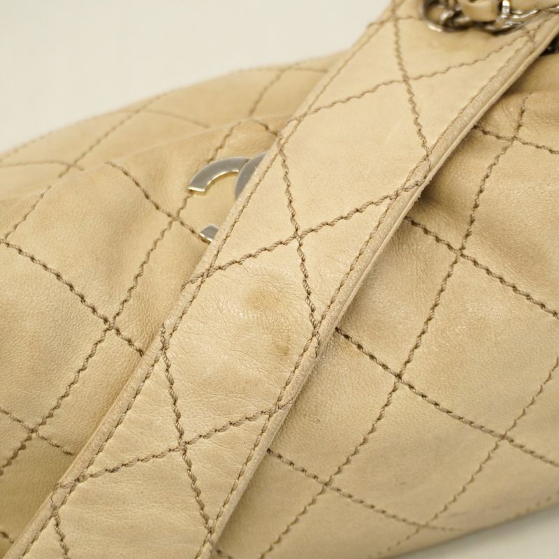 Chanel Shoulder Bag Wild Stitch Lambskin Beige Silver Hardware Women