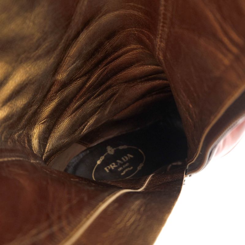 Prada Long Boots Shoes Women Leather Genuine Brown Side Zip High Heel