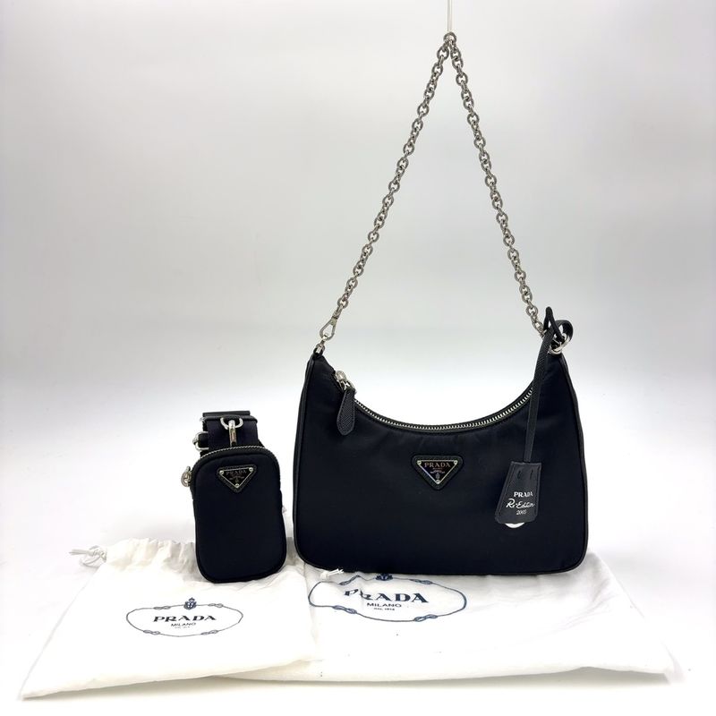 Prada Triangle Logo Plate 2WAY Nylon Black Shoulder Bag Silver