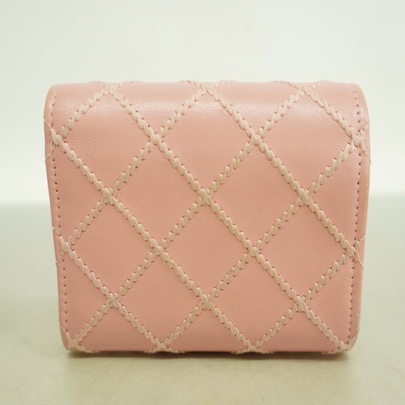 Chanel Trifold Wallet Wild Stitch Lambskin Pink Silver Hardware Women