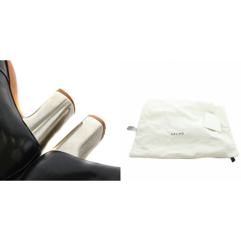 Celine Phoebe Period Bambam Long Boots Heel Round Toe Leather 37 Black AN26