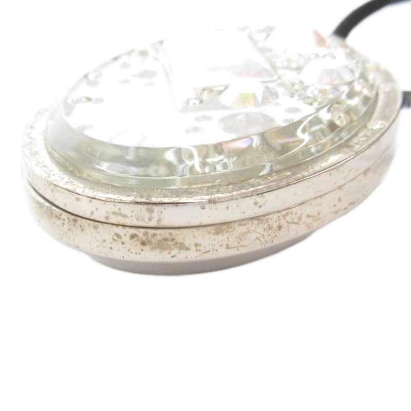 Christian DIOR Pendant Necklace Rhinestone Mirror Logo Silver Color Black AE -