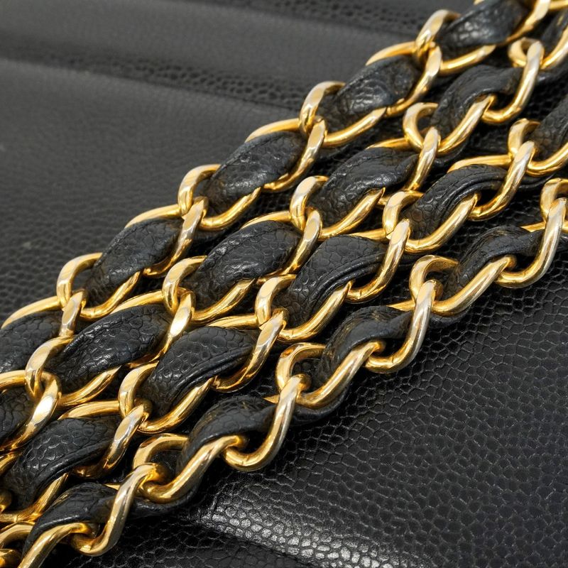 Chanel Shoulder Bag Bias Stitch Caviar Skin Black Gold Hardware Women