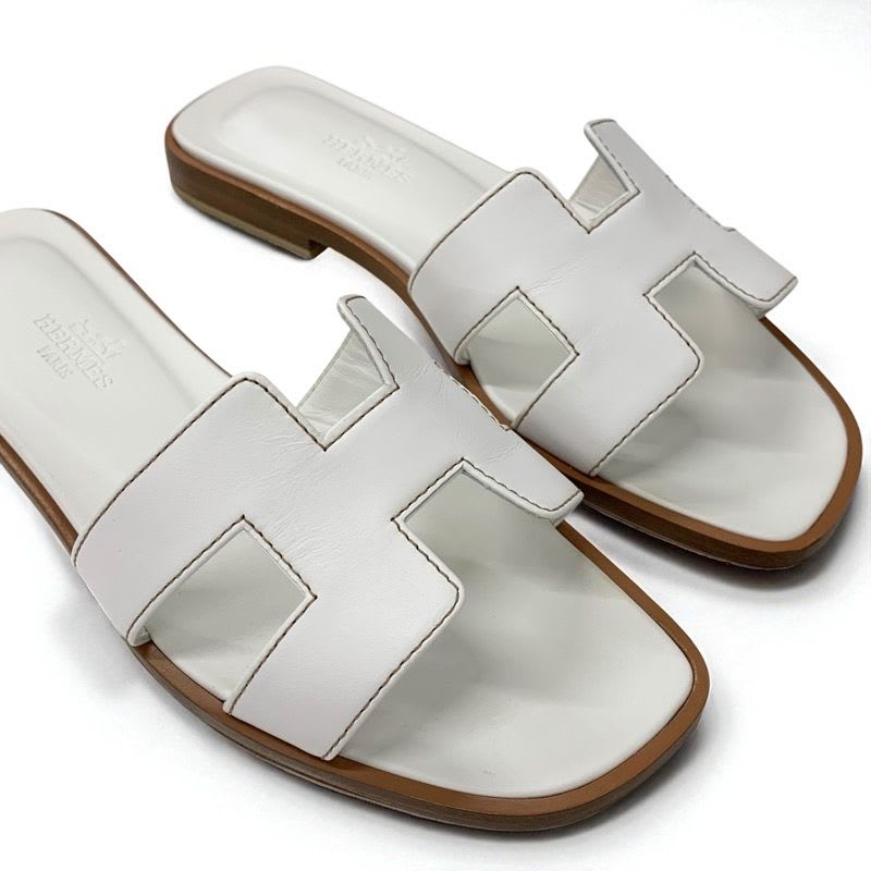 Hermes Oran Sandals Shoes Leather White Flat Mules