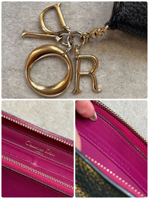 Christian Dior Iss Imo Round Zipper Long Wallet Round Zip Logo Charm Black Pink