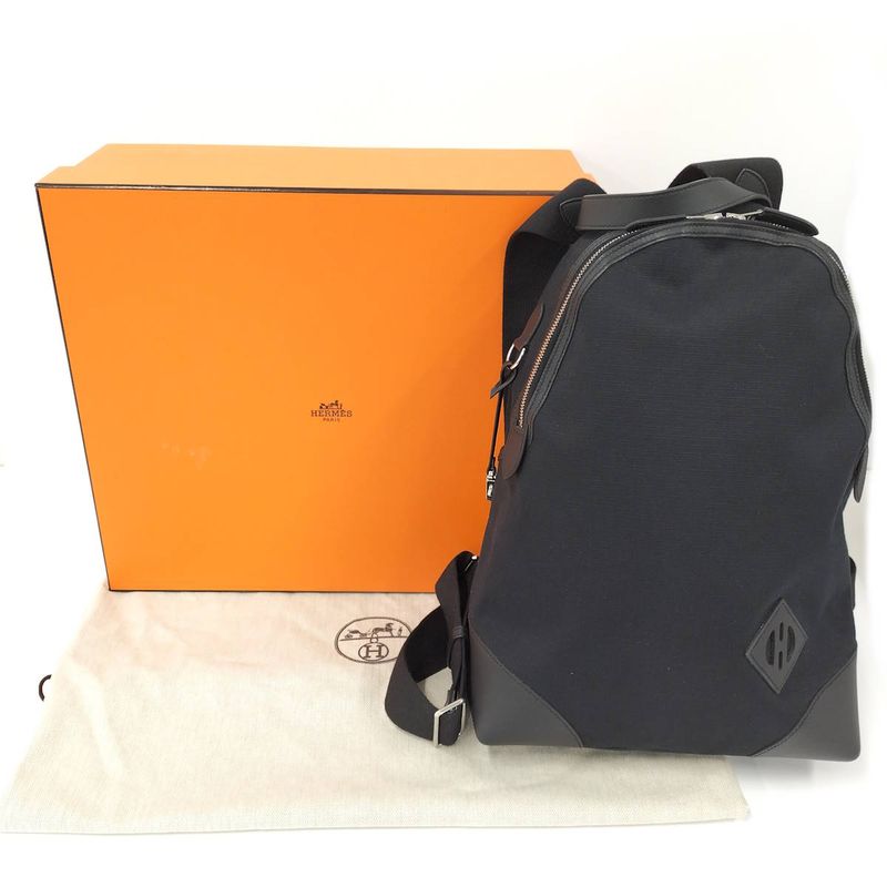 Hermes Sac a Dos All Bag Backpack Canvas Leather Black Engraved B