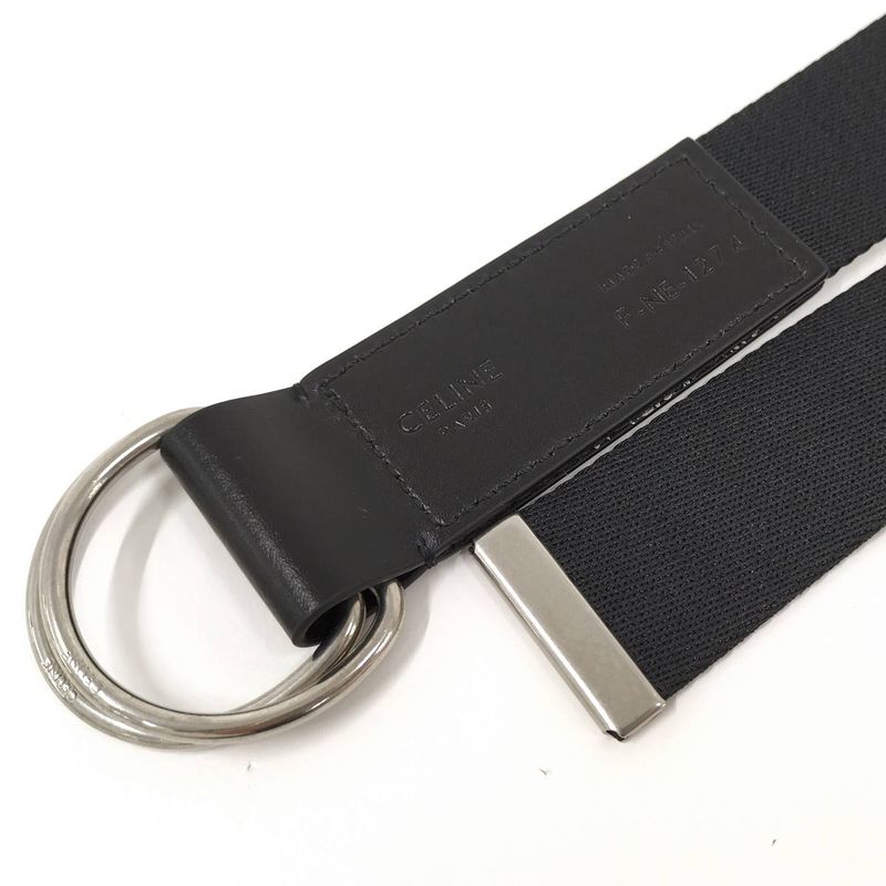 Celine Double Ring Belt Brand Logo Nylon Canvas Black White