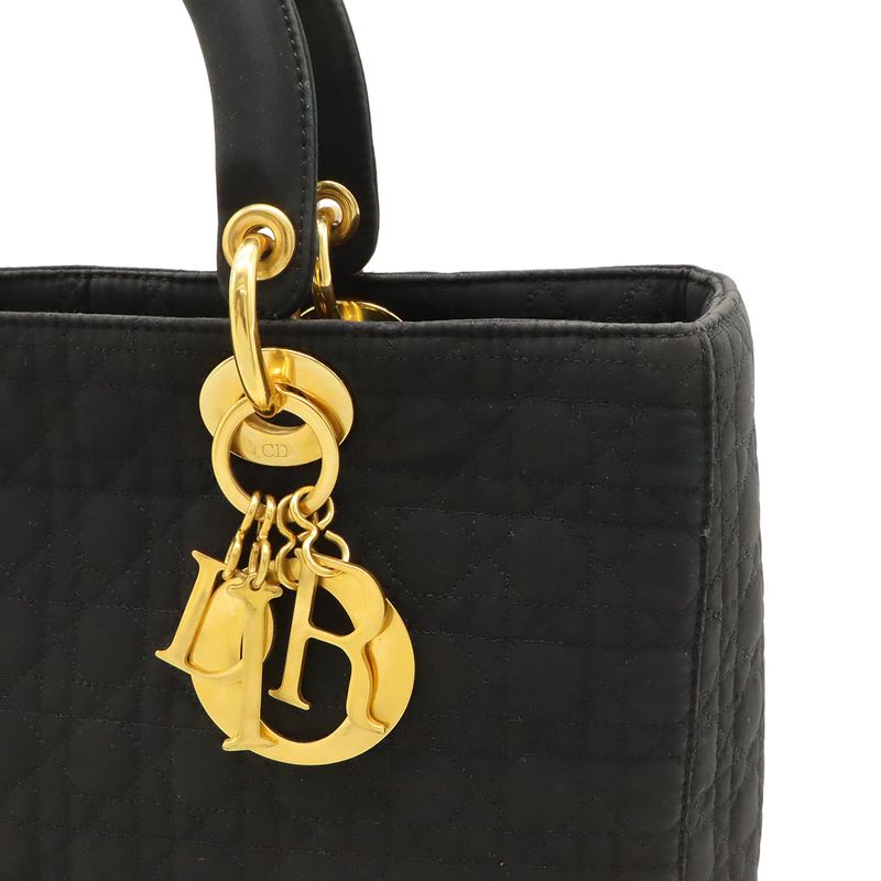 Christian Dior Lady Dior Cannage Handbag Tote Bag Nylon Black Gold Hardware