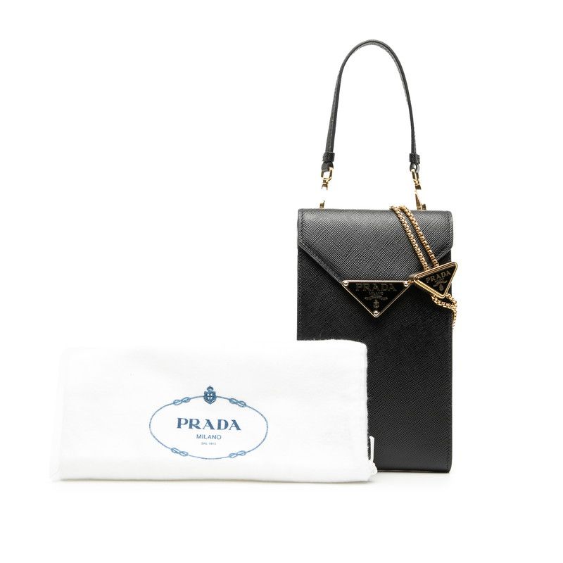 Prada Triangle Logo Plate Chain Phone Pouch 1bp050 Black Saffiano Leather Women