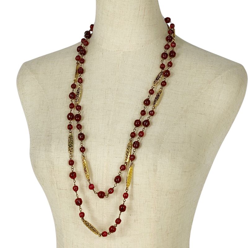 Chanel Logo Necklace 2strands Long Gripore Necklace GP Gold Red Ladies