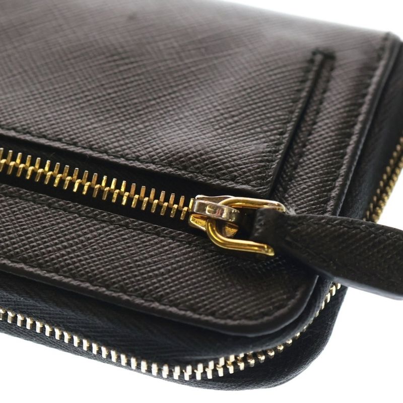 Prada Triangle Logo Saffiano L-Shape Coin Card Case Fragment Case Black Leather