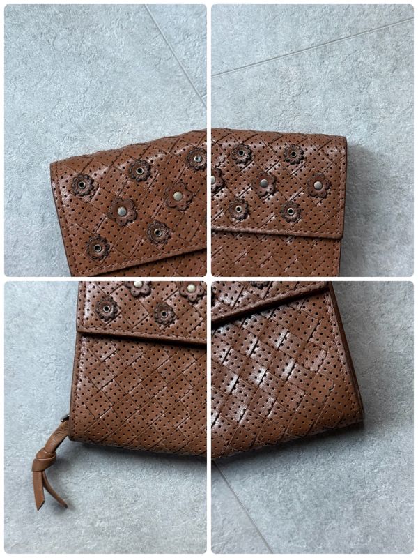 Bottega Veneta Intrecciato Flower Leather Long Wallet Brown Camel Floral