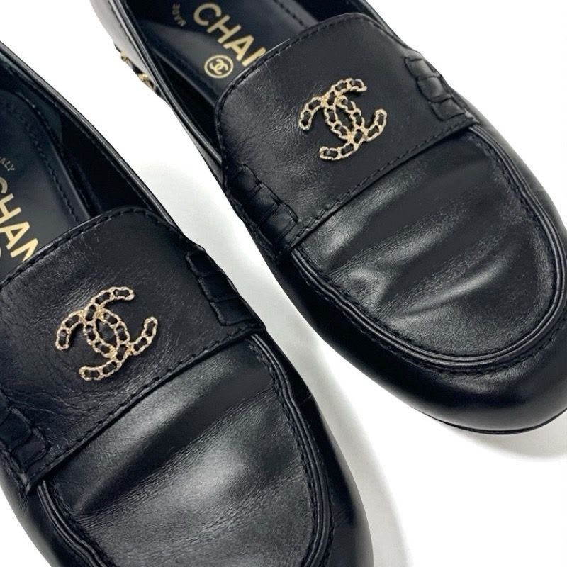 Chanel Loafer Leather Shoes Black Gold Coco Mark Chain Flat