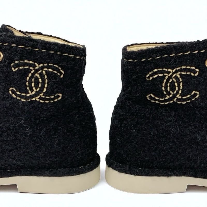 Chanel Boots Short Shoes Tweed Black Gold Coco Mark Lace Up