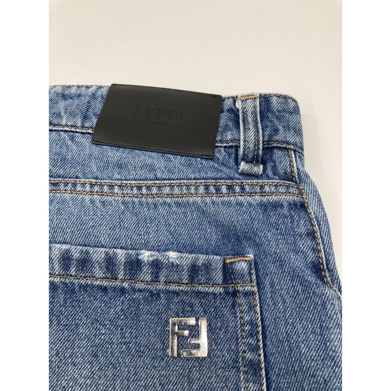 Fendi 24 Flp358 As02 Blue Cotton Ff Metal Plate Zip Fly Denim Half Pants 32 X 34
