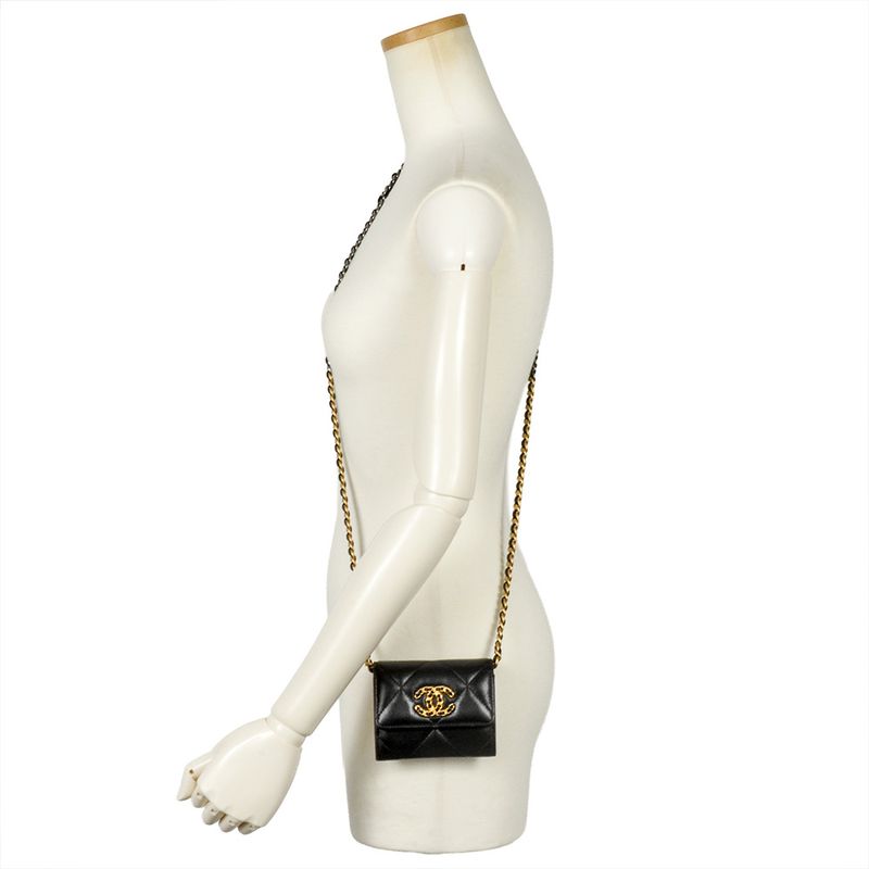 Chanel Mini Chain Wallet Shoulder Bag Leather Black Gold Hardware Coco Mark