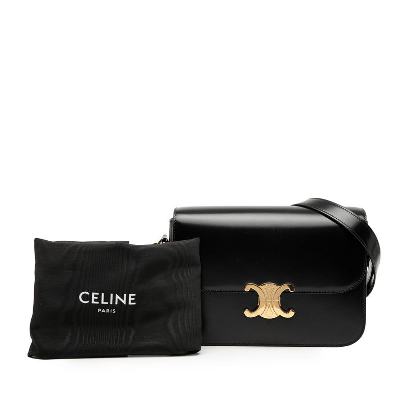 Celine Triomphe Teen Crossbody Shoulder Bag Black Shiny Calfskin Women's Celine