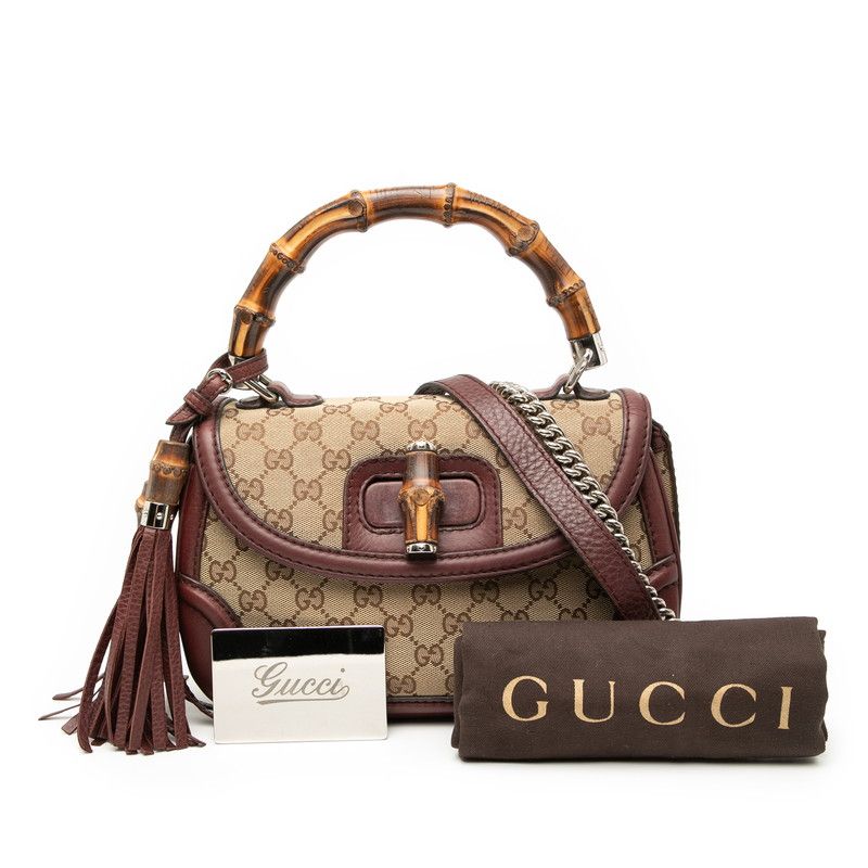 Gucci GG Canvas Bamboo Handbag Chain Shoulder Bag 2WAY 240242 Beige Bordeaux
