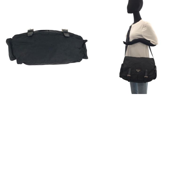 Prada Tessuto Triangle Logo Plate Black Silver Hardware Nylon Leather Shoulder