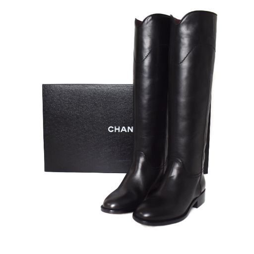 Chanel Long Boots Coco Mark Leather 36 Black AA