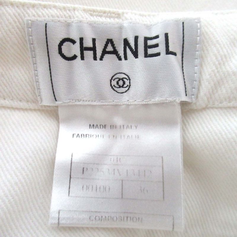01C Chanel Coco Mark Button Sideline Denim Pants Jeans Size 36 White Ladies