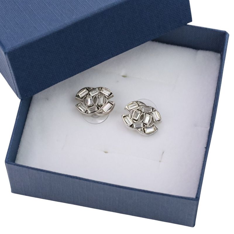 Chanel 01P Baguette Cut Rhinestone Coco Mark Earrings Silver Color Ladies