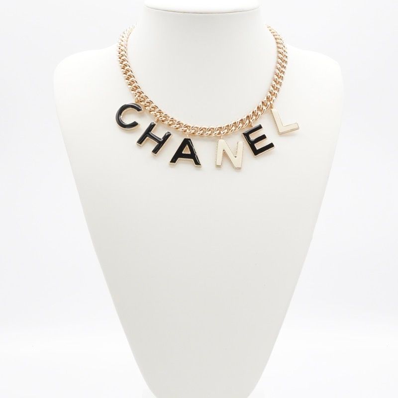Chanel Necklace Pendant Choker Gold Black White Here Mark Logo