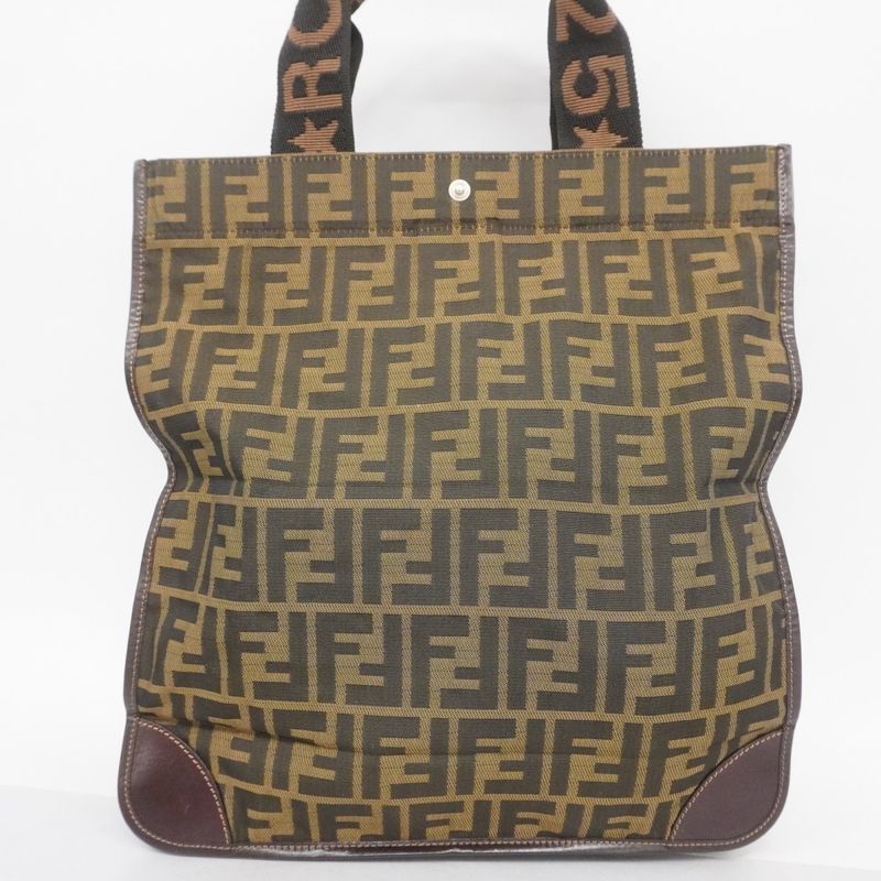 Fendi Tote Bag Zucca Nylon Canvas Brown Silver Hardware Women's