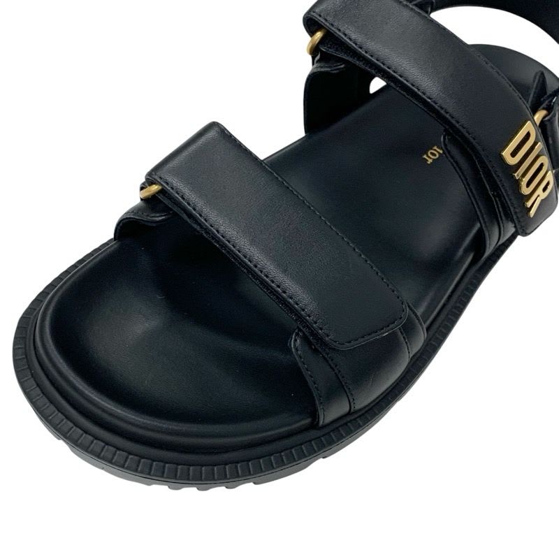 Christian Dioract Sandals Shoes Leather Black Logo Flat