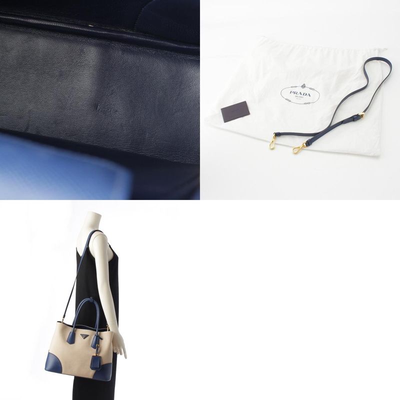 Prada Canapa Saffiano Double Bag Handbag B2756t Navy Beige