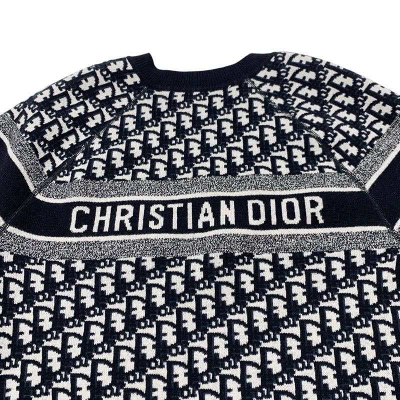 Christian Dior Top Cashmere Navy White Reversible Round Neck Sweater Oblique