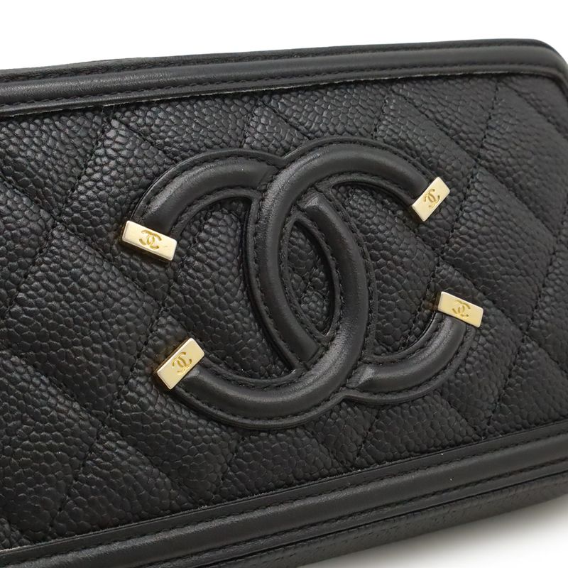 Chanel CC Filigree Chain Wallet Shoulder Bag Pochette 2way Clutch Caviar Skin