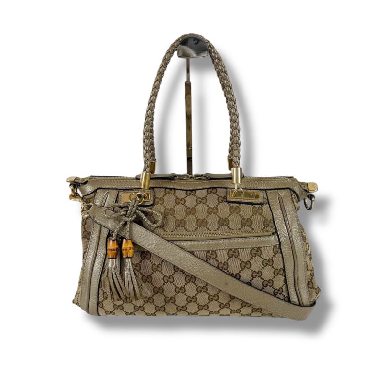 Gucci 2way Shoulder Bag with Tassel Charm Bella Bamboo Mini Tote Handbag Brown