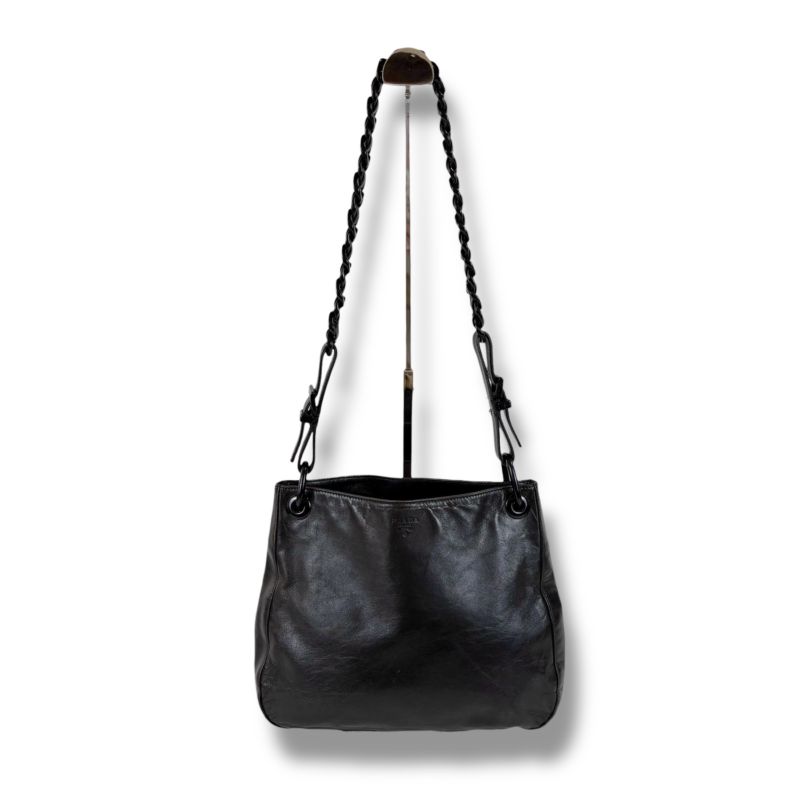 Prada Chain Shoulder Bag Black Leather Hobo Soho Plastic Chain